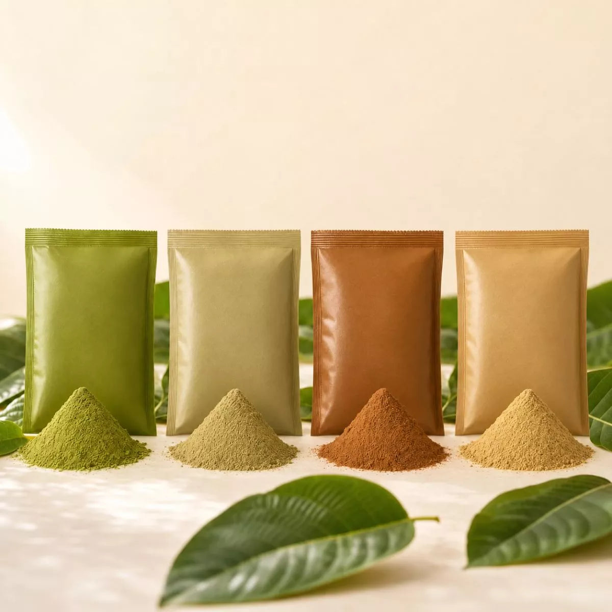 Kratom Mix-Set: vier Tüten mit Red-, Green-, White- und Gold-Vein-Pulver à 250 g nebeneinander (KI-generiertes Symbolbild)