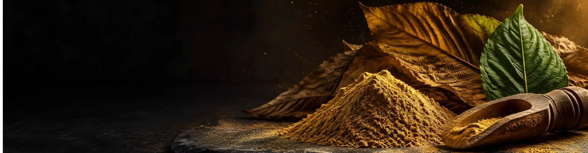 Goldbraunes Kratom-Pulver mit getrockneten Blättern – KI-generiertes Symbolbild